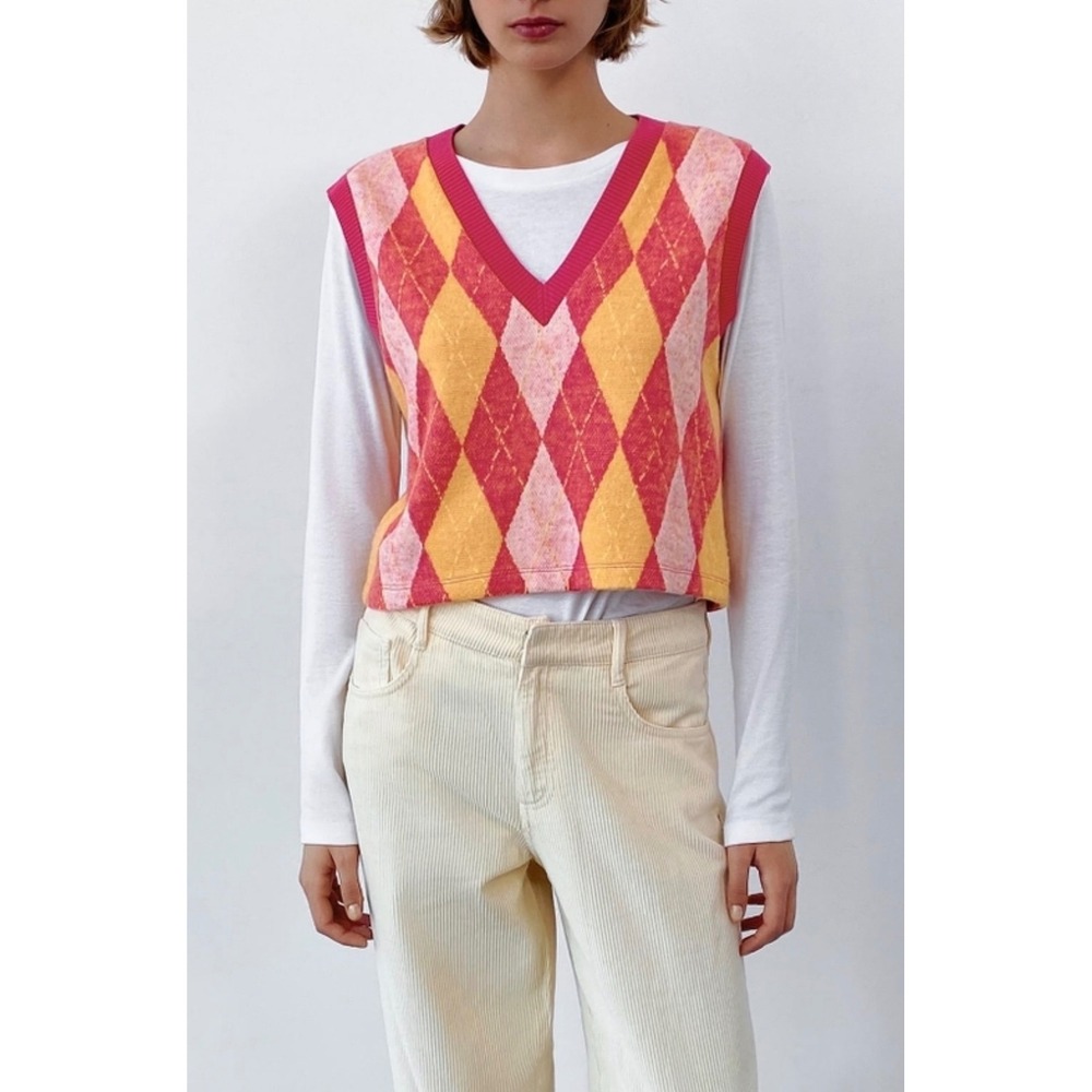 Zara Womens Argyle Sweater Vest Pink Orange Yellow Cropped V-Neck Large preppy